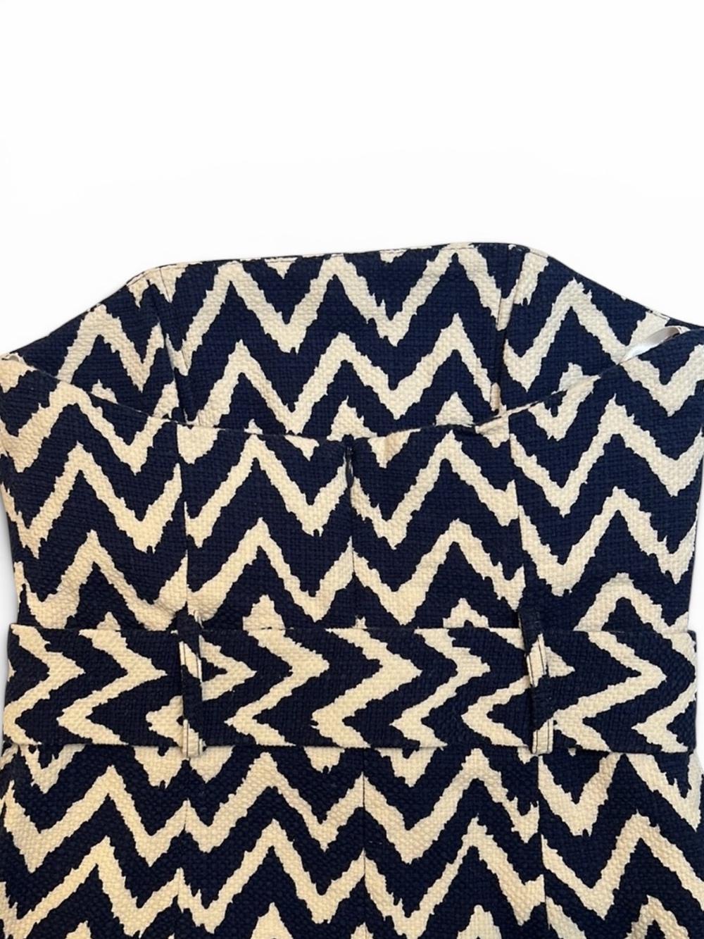 MILLY of New York Strapless Chevron Tweed Pencil Dress. Indigo Blue and White - Picture 14 of 15